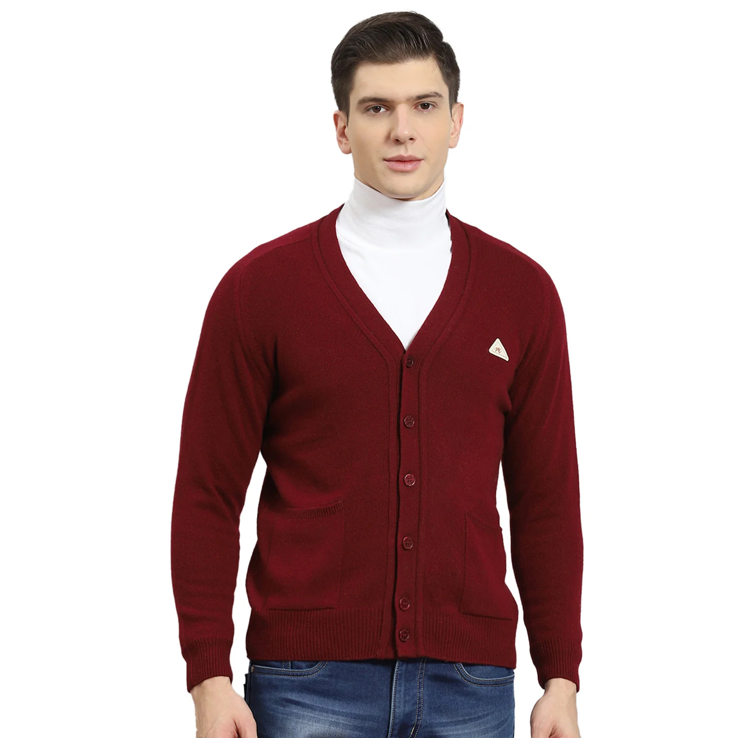 Men Maroon Solid V Neck Full Sleeve Cardigan - Image 5