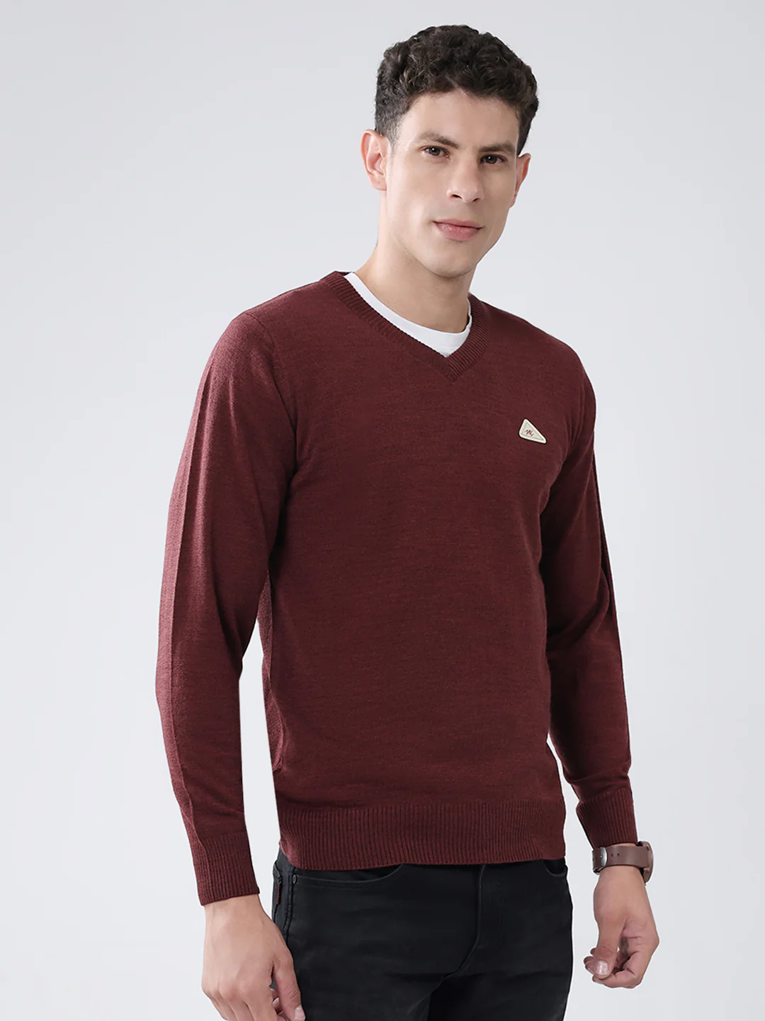 Men Maroon Solid V Neck Full Sleeve Pullover - Image 4