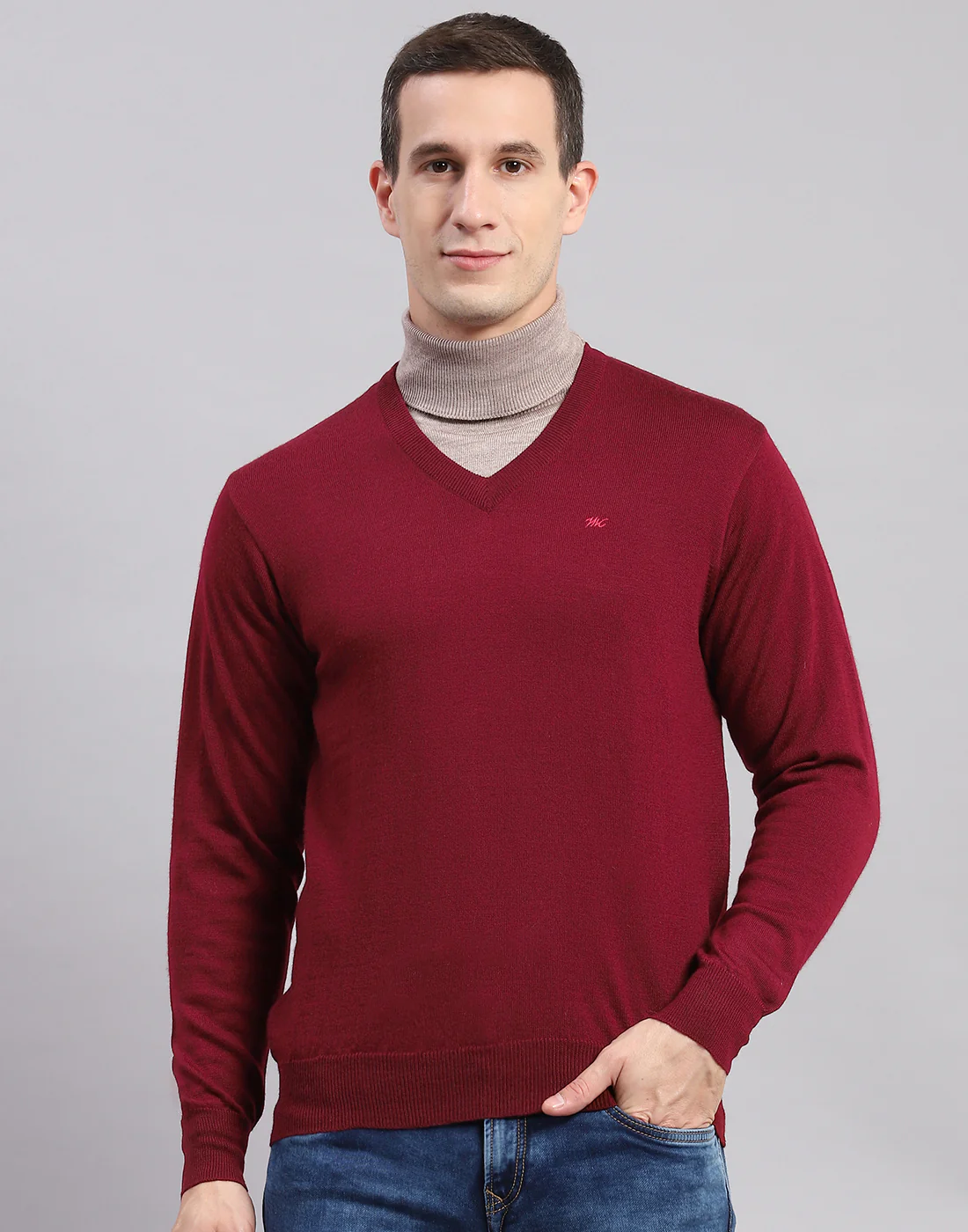 Men Maroon Solid V Neck Full Sleeve Sweaters/Pullovers - Image 2