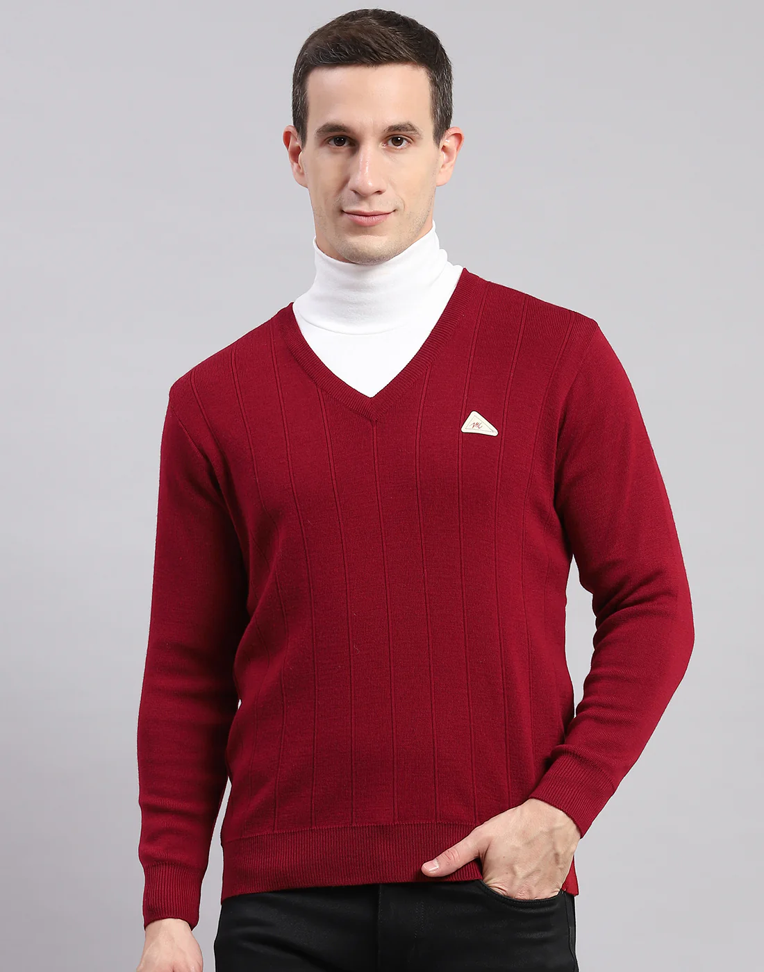 Men Maroon Solid V Neck Full Sleeve Sweaters/Pullovers - Image 3