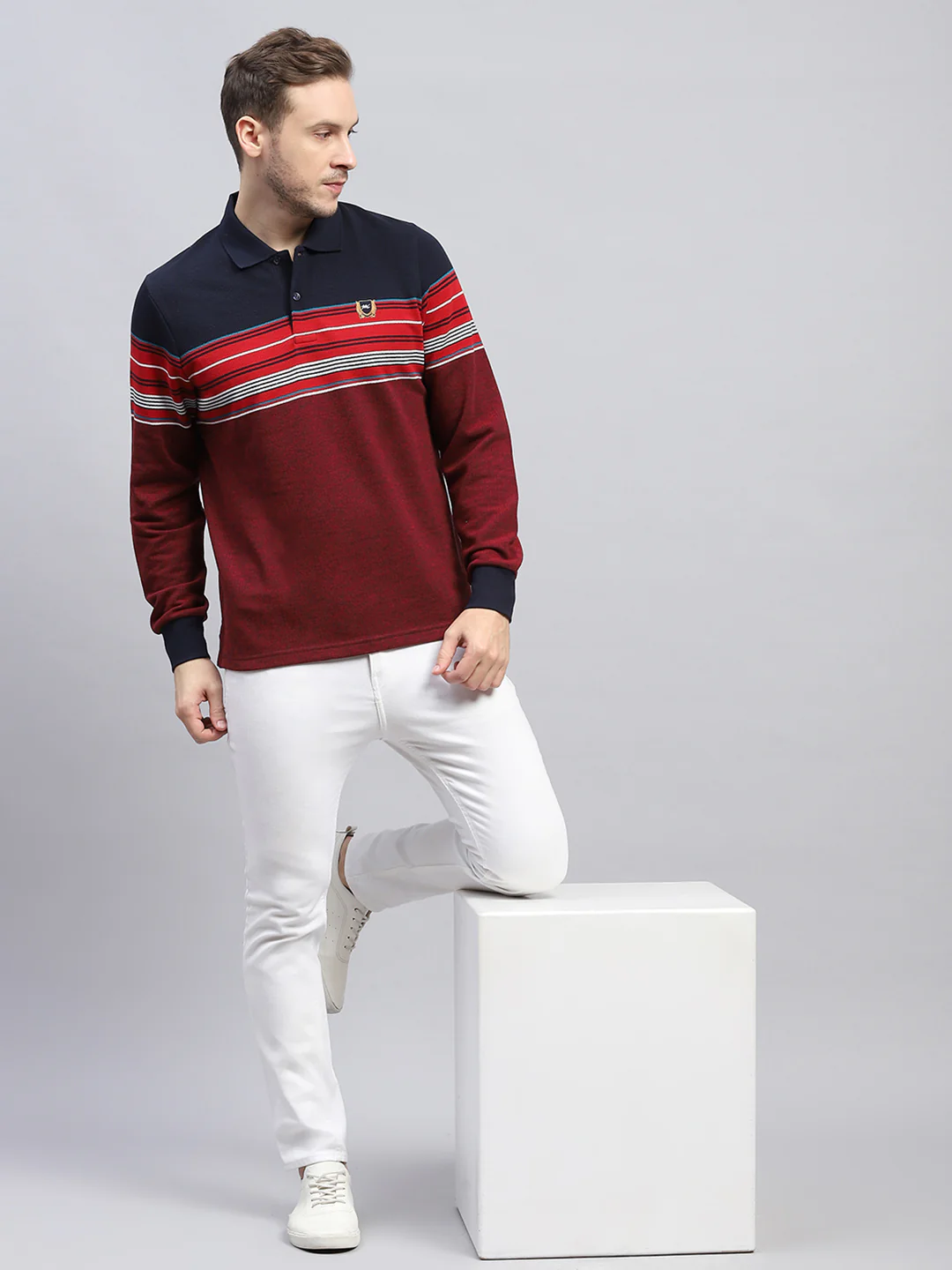 Men Maroon Stripe Collar Full Sleeve Winter T-Shirt - Image 2