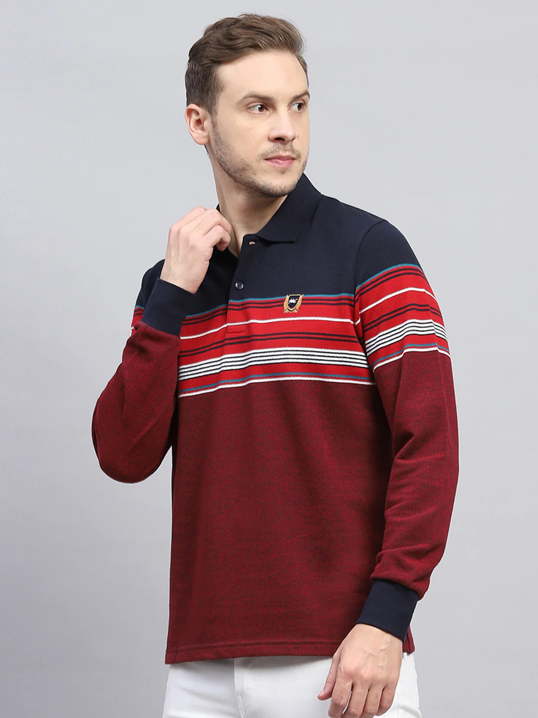 Men Maroon Stripe Collar Full Sleeve Winter T-Shirt - Image 3