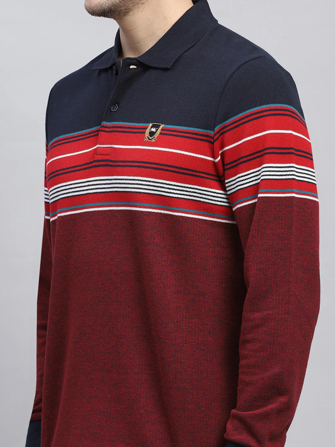 Men Maroon Stripe Collar Full Sleeve Winter T-Shirt - Image 6