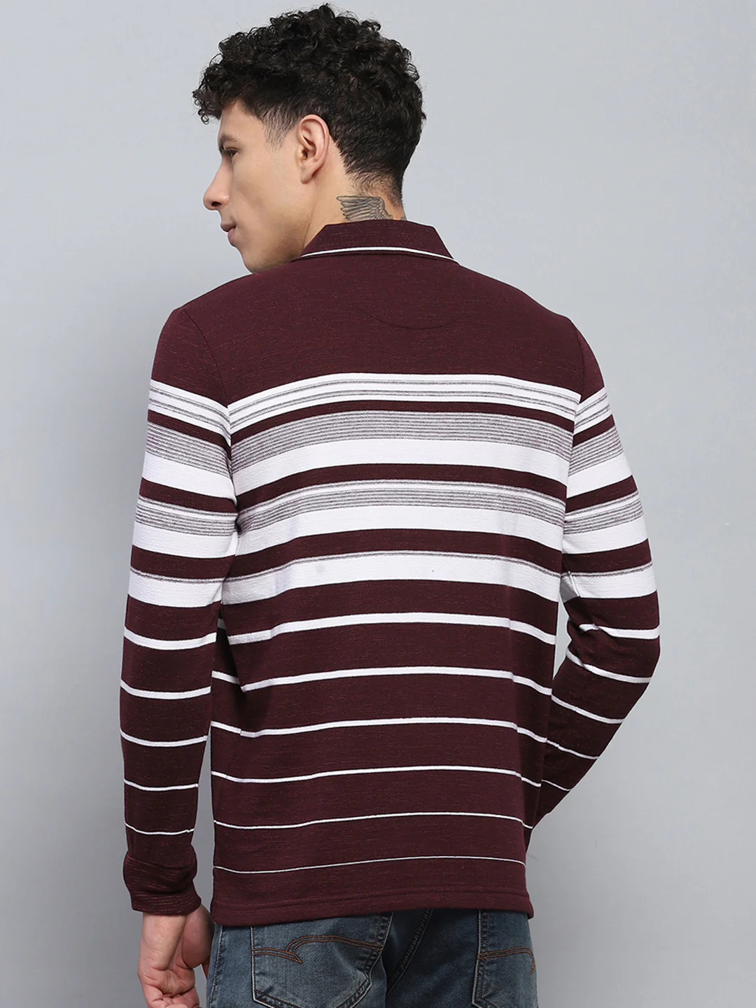 Men Maroon Stripe Collar Full Sleeve Winter T-Shirt - Image 5