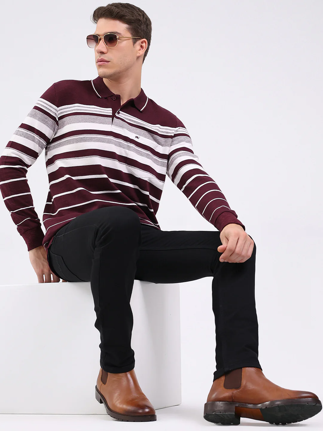 Men Maroon Stripe Collar Full Sleeve Winter T-Shirt - Image 2