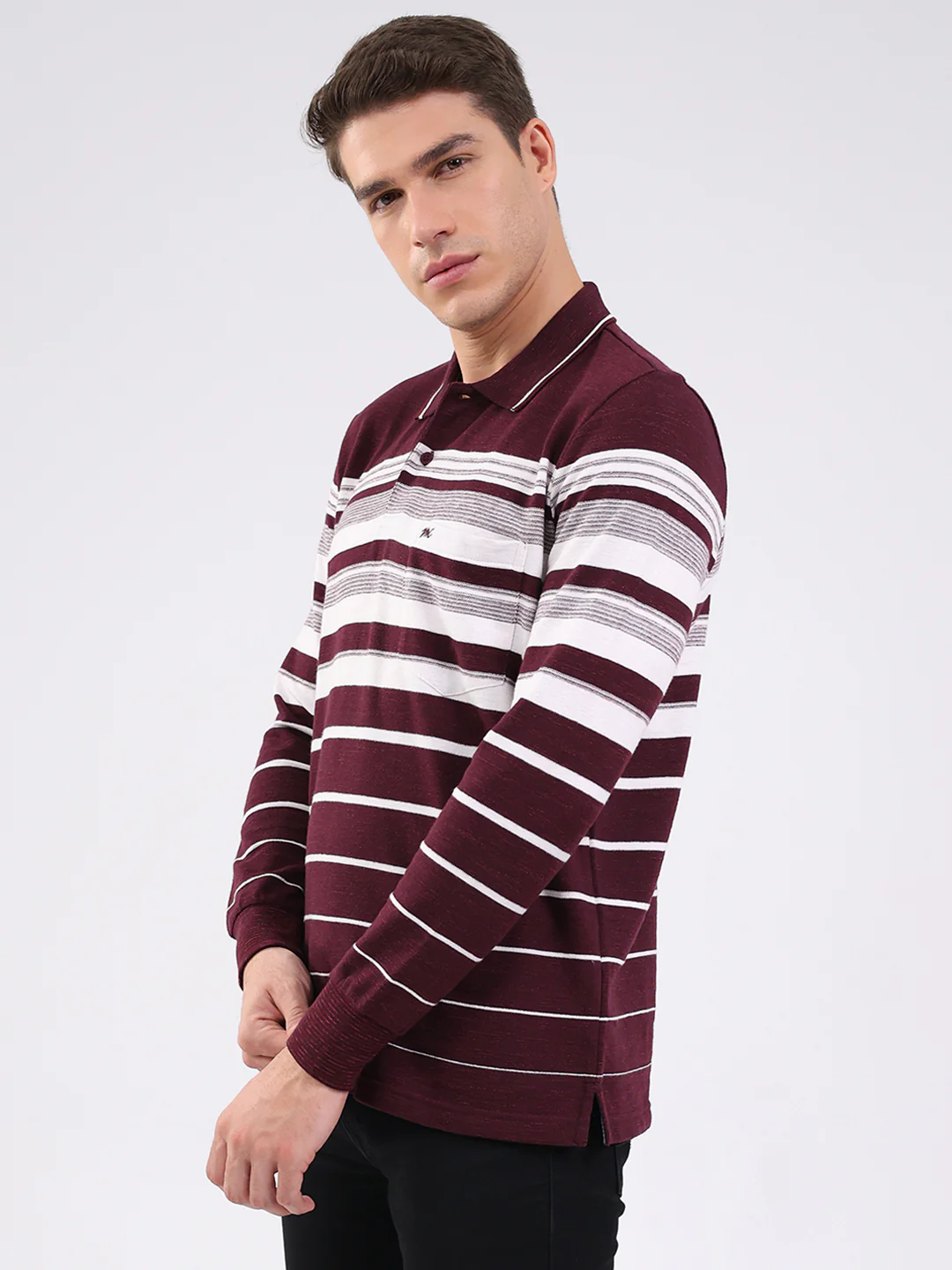 Men Maroon Stripe Collar Full Sleeve Winter T-Shirt - Image 3