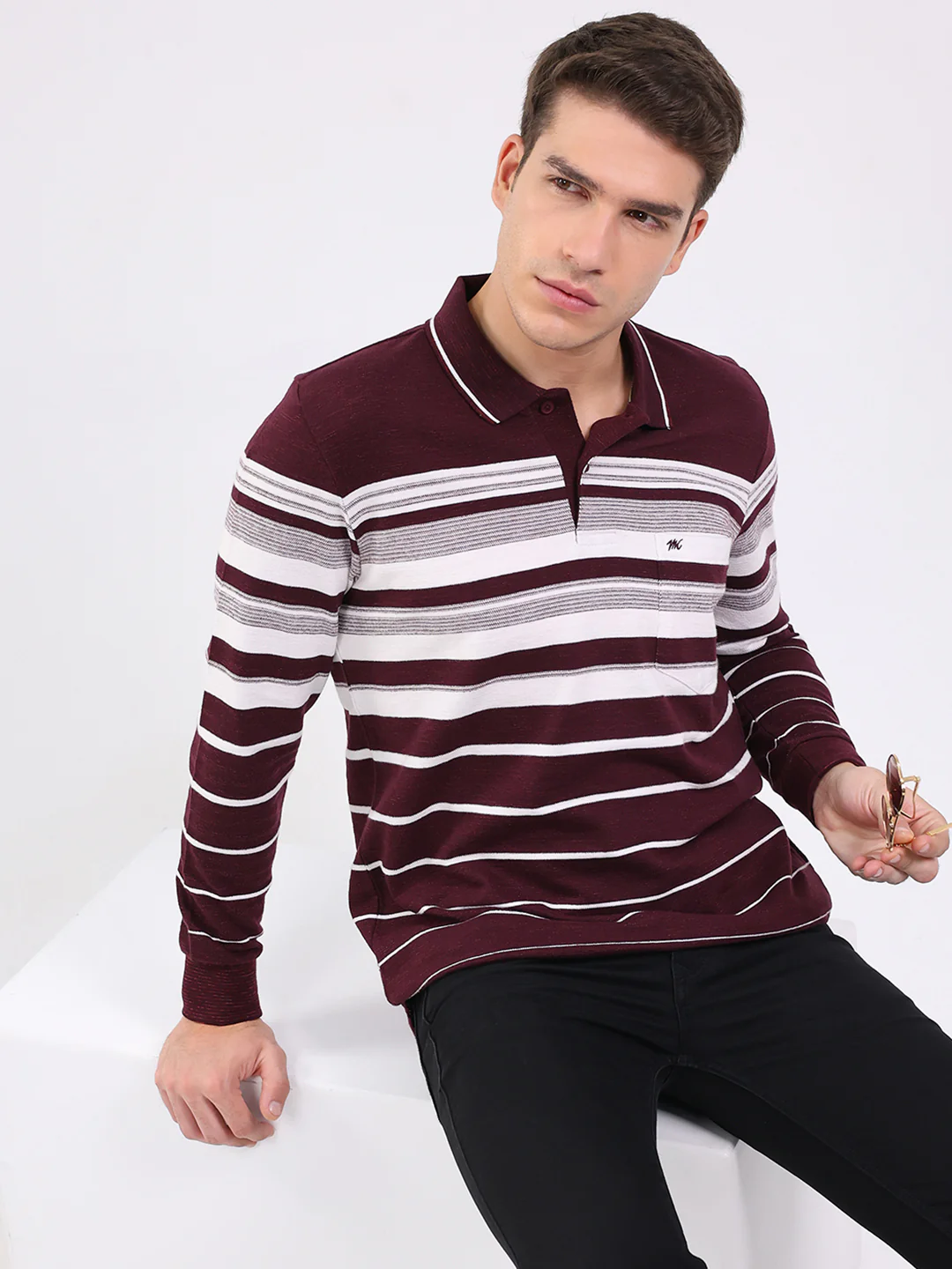 Men Maroon Stripe Collar Full Sleeve Winter T-Shirt - Image 6