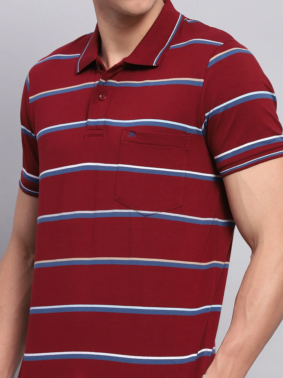 Men Maroon Stripe Collar Half Sleeve T-Shirt - Image 6