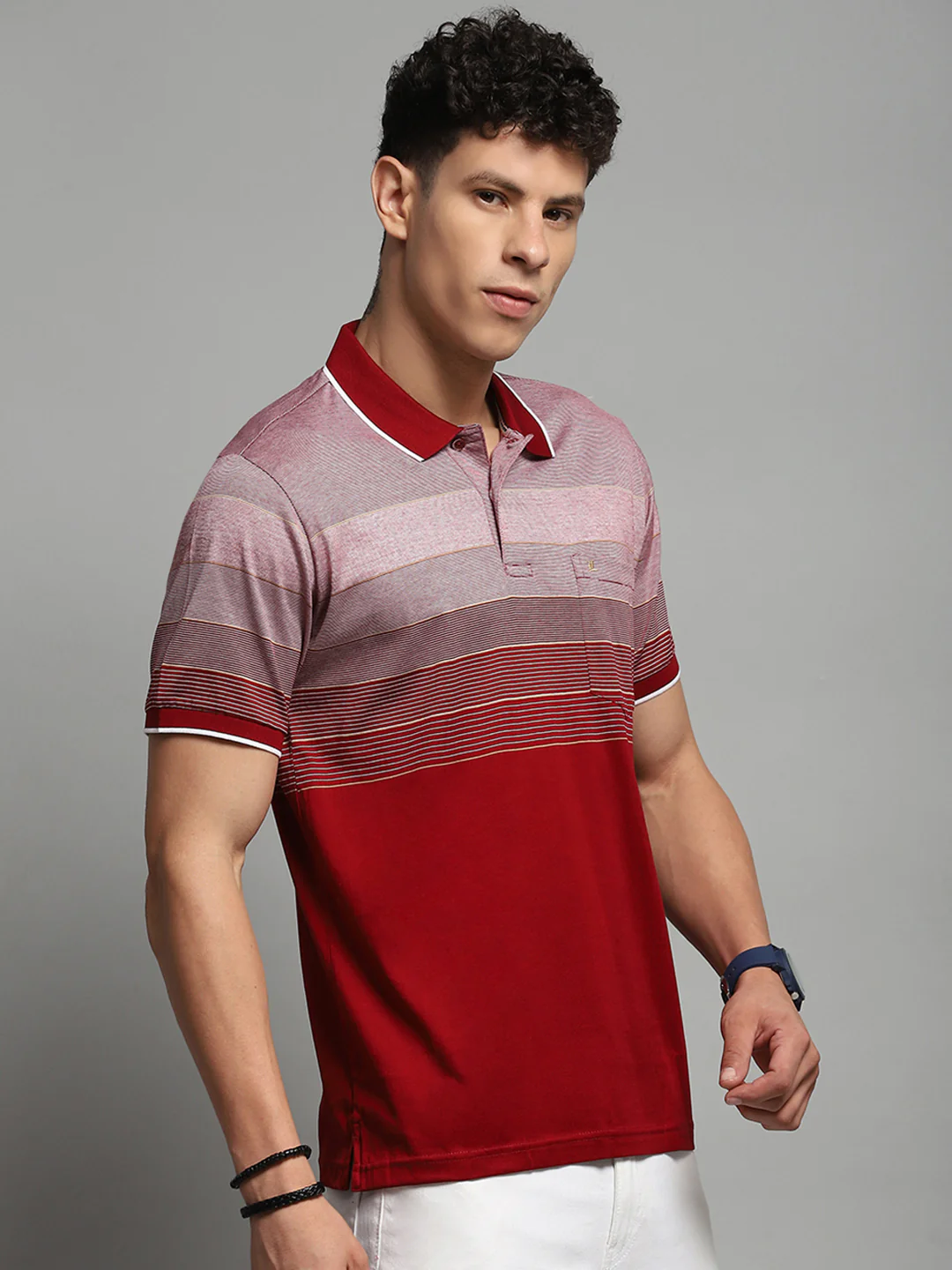 Luxuria Men Maroon Stripe Collar Half Sleeve T-Shirt - Image 4