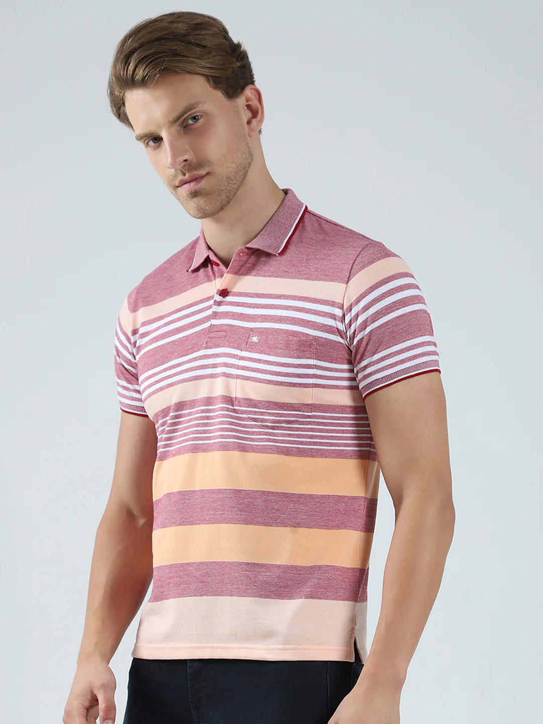 Men Maroon Stripe Collar Half Sleeve T-Shirt - Image 3