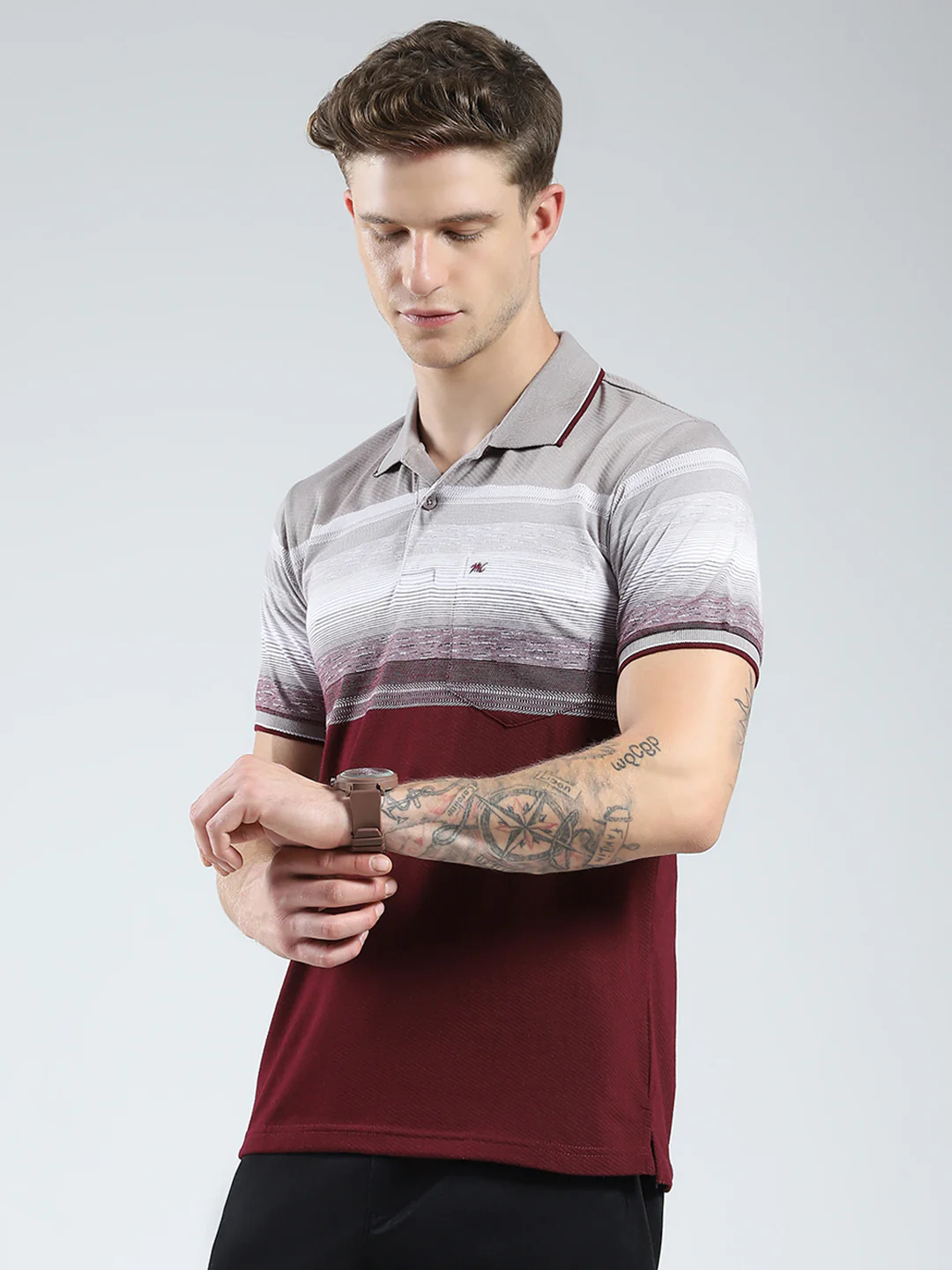 Men Maroon Stripe Collar Half Sleeve T-Shirt - Image 3