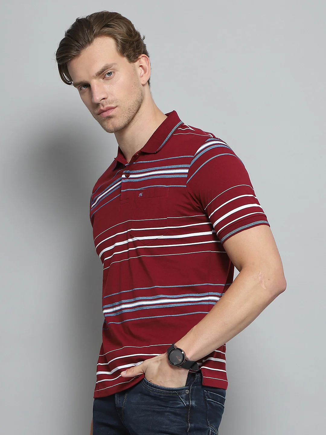 Men Maroon Stripe Collar Half Sleeve T-Shirt - Image 3