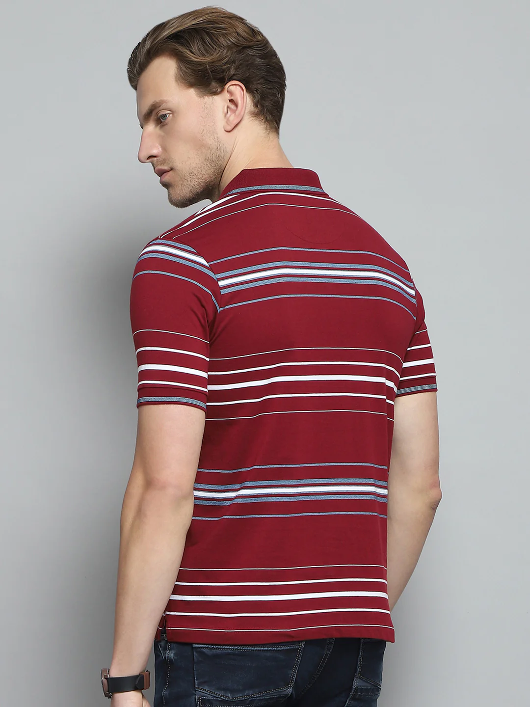 Men Maroon Stripe Collar Half Sleeve T-Shirt - Image 5