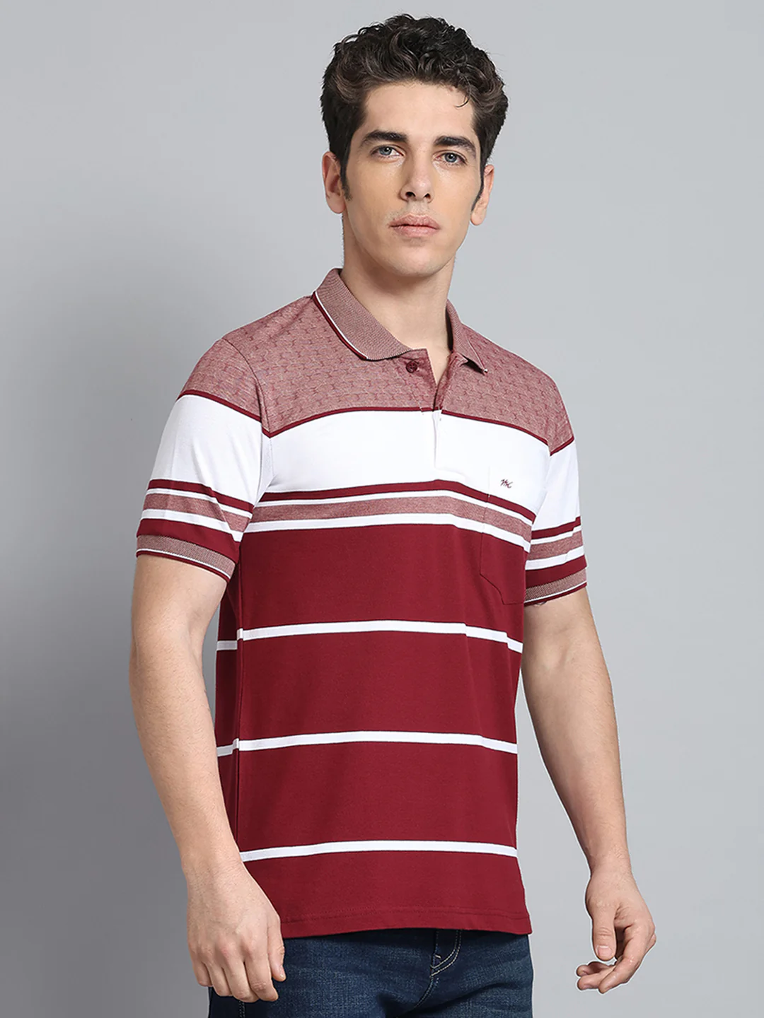 Men Maroon Stripe Collar Half Sleeve T-Shirt - Image 4