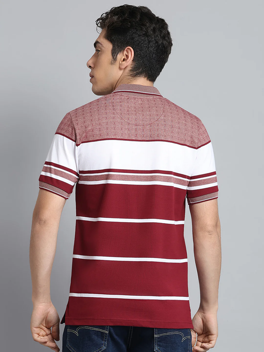 Men Maroon Stripe Collar Half Sleeve T-Shirt - Image 5