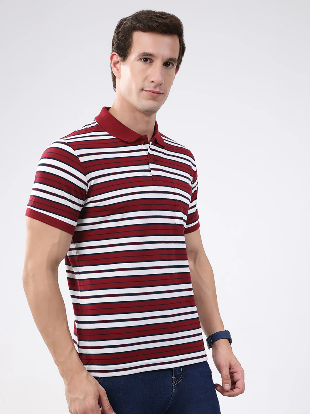 Men Maroon Stripe Collar Half Sleeve T-Shirt - Image 4