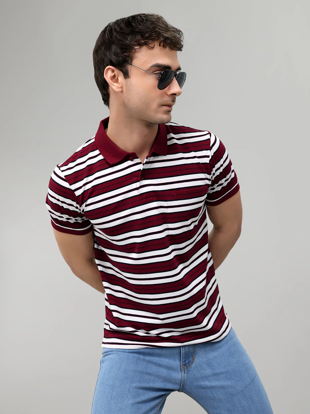 Men Maroon Stripe Collar Half Sleeve T-Shirt - Image 6