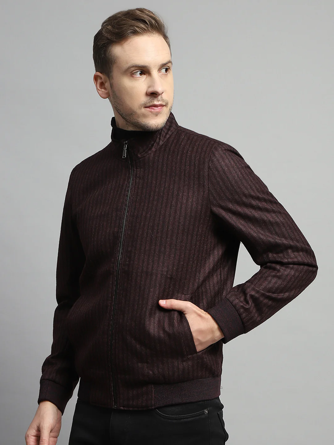 Luxuria Men Maroon Stripe Mock Neck Full Sleeve Coat - Image 3
