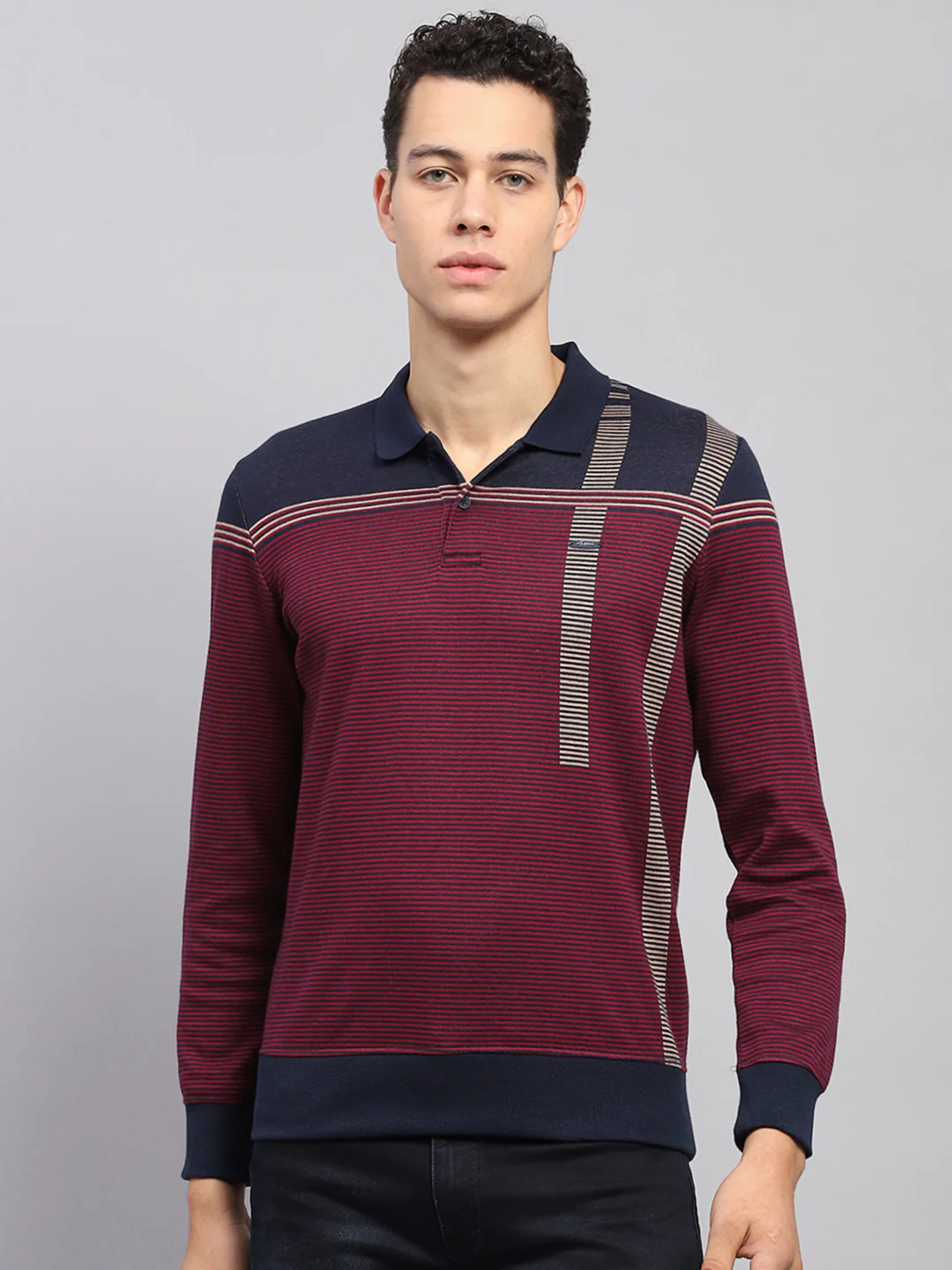 Men Maroon Stripe Polo Collar Full Sleeve Sweatshirt - Image 2