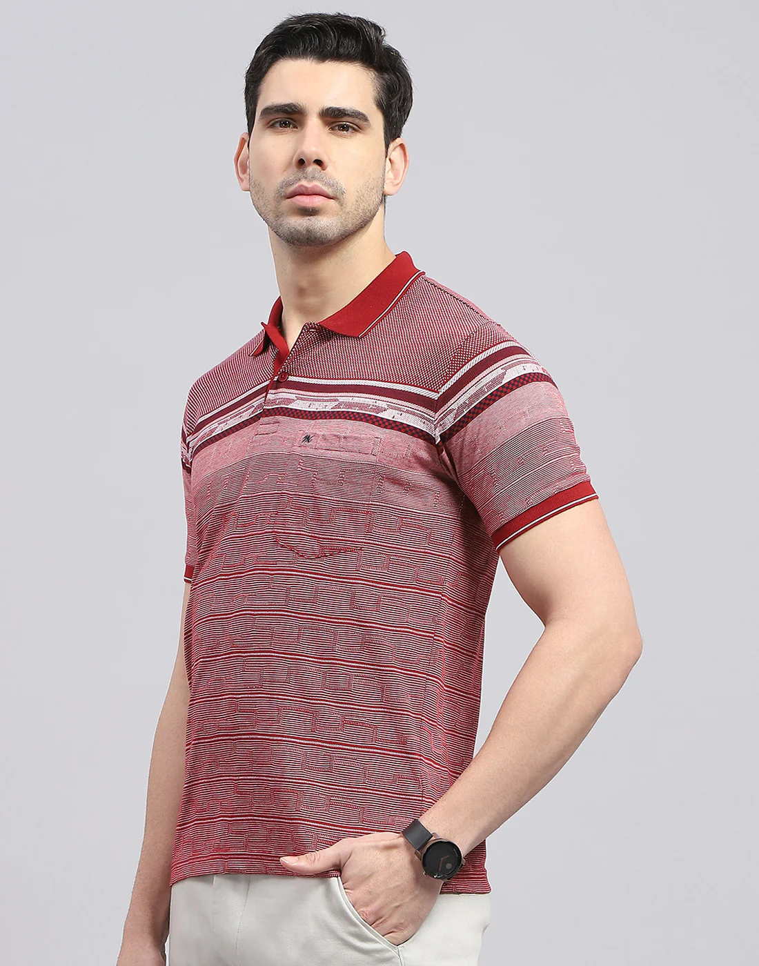 Men Maroon Stripe Polo Collar Half Sleeve T-Shirt - Image 4