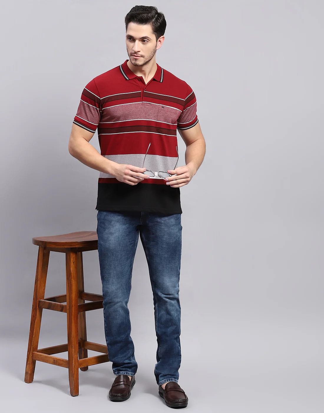 Men Maroon Stripe Polo Collar Half Sleeve T-Shirt - Image 2