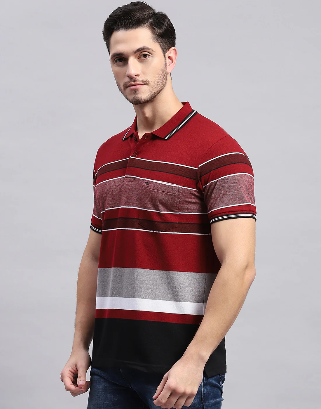 Men Maroon Stripe Polo Collar Half Sleeve T-Shirt - Image 4