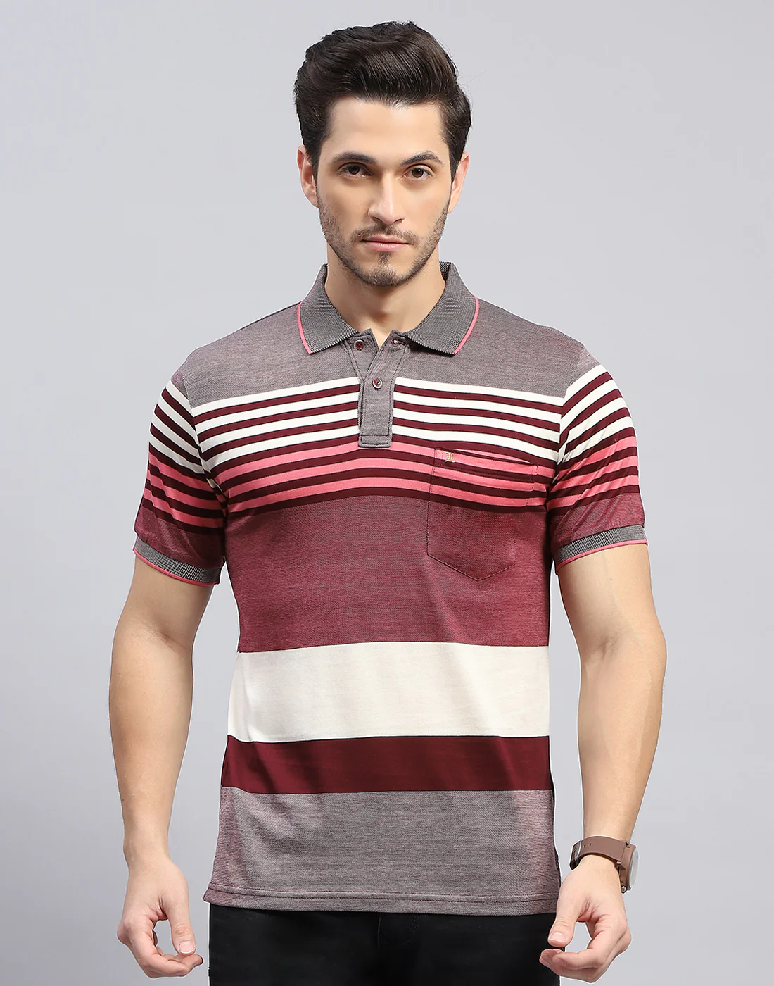 Men Maroon Stripe Polo Collar Half Sleeve T-Shirt - Image 2