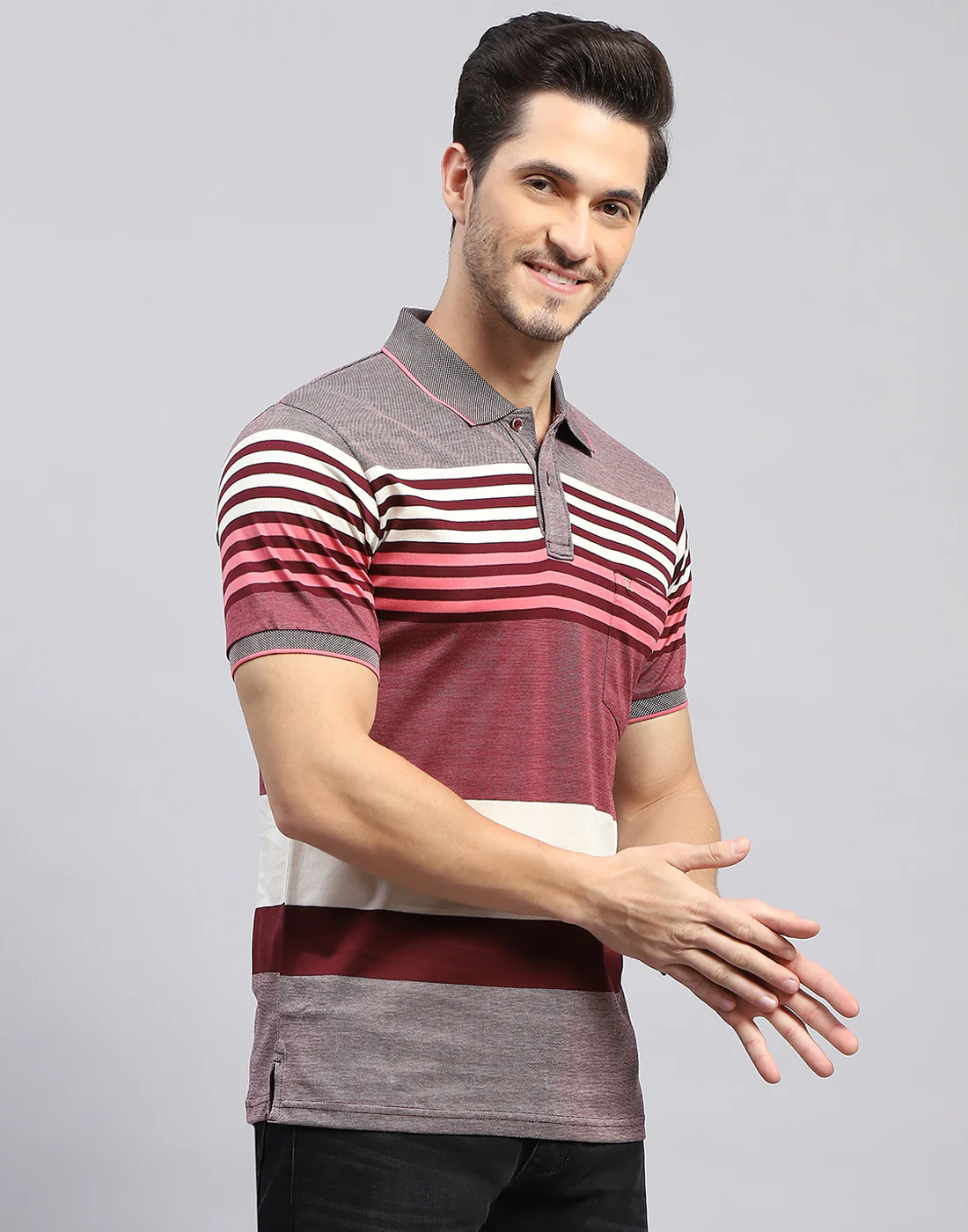 Men Maroon Stripe Polo Collar Half Sleeve T-Shirt - Image 4