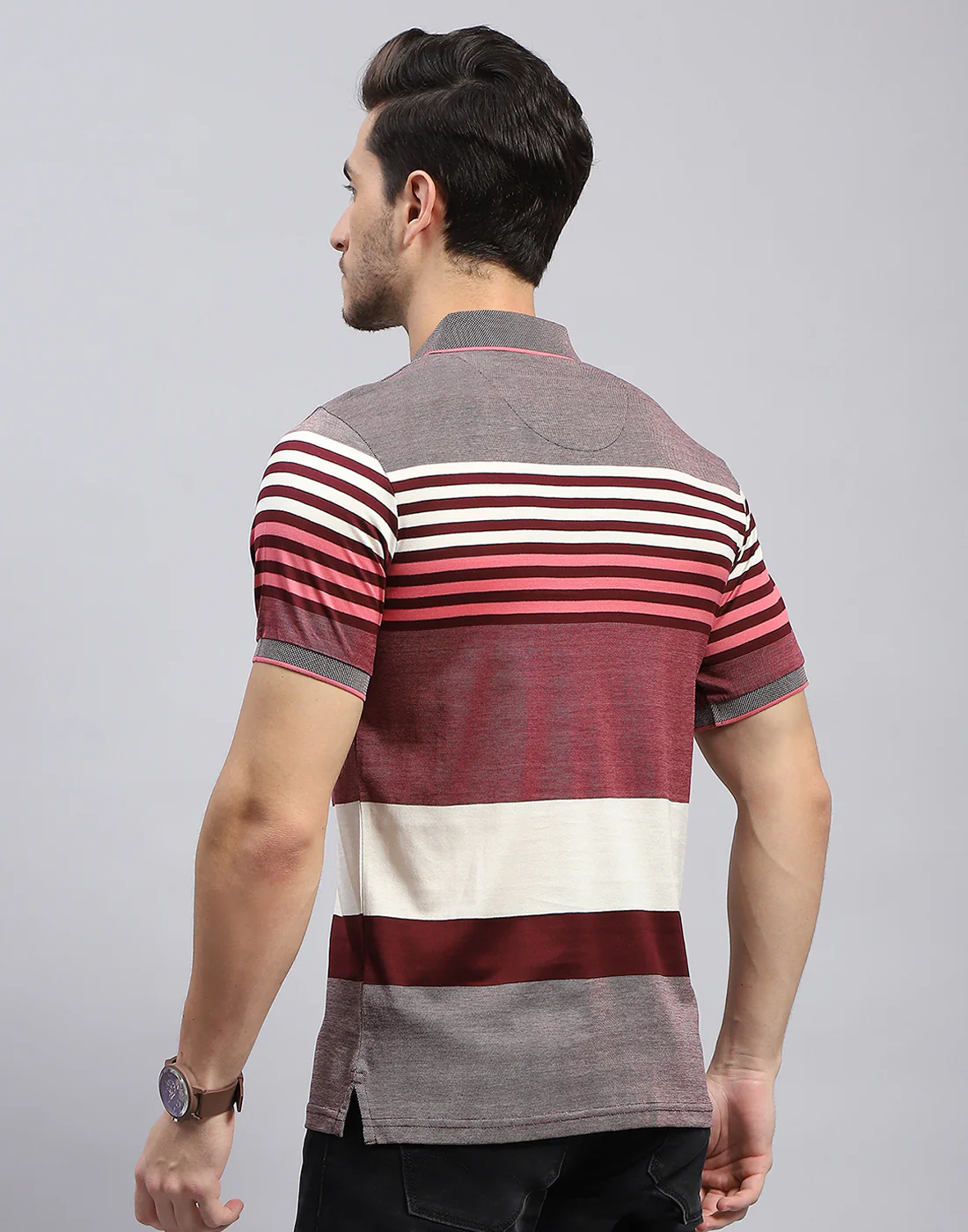 Men Maroon Stripe Polo Collar Half Sleeve T-Shirt - Image 5