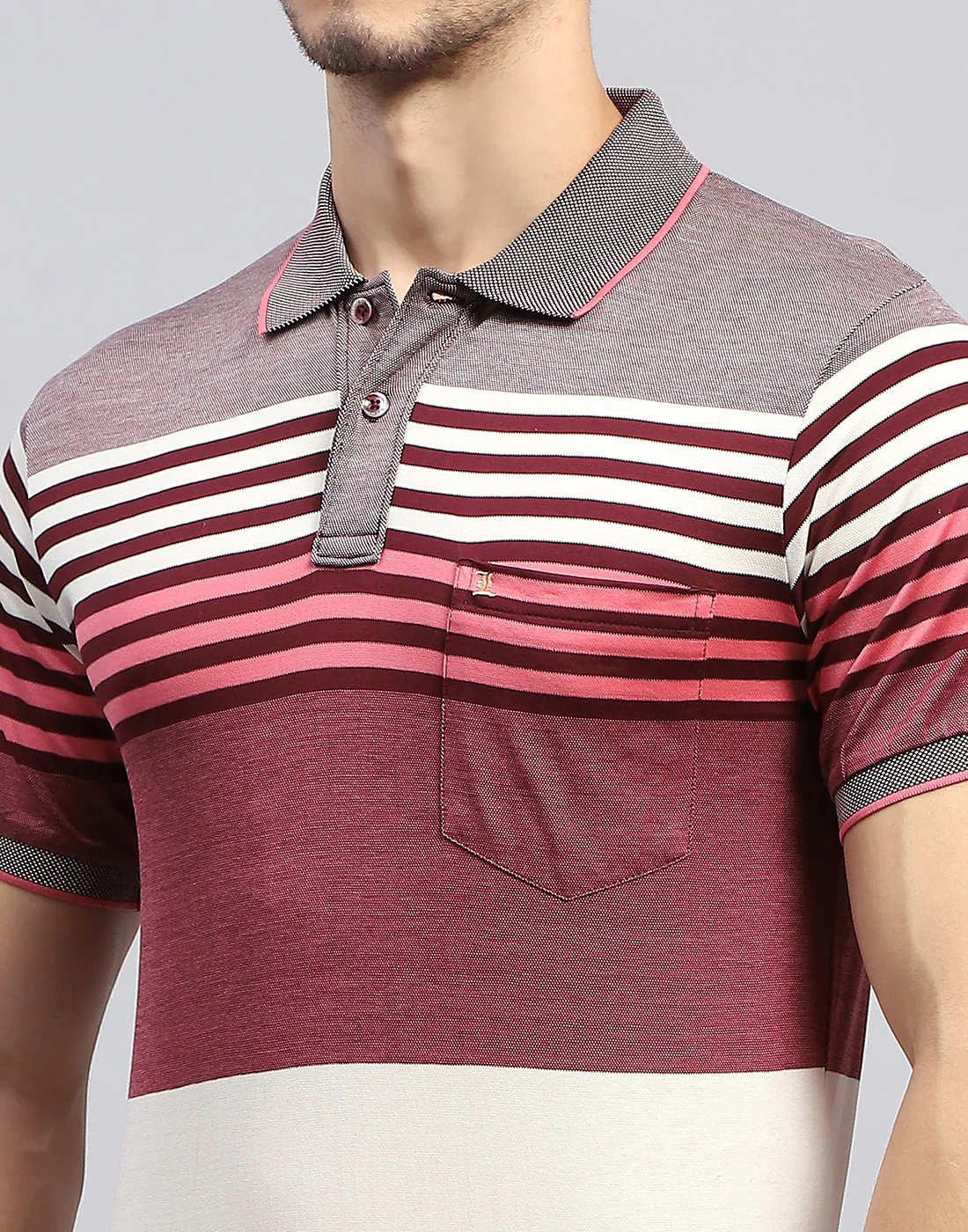 Men Maroon Stripe Polo Collar Half Sleeve T-Shirt - Image 7