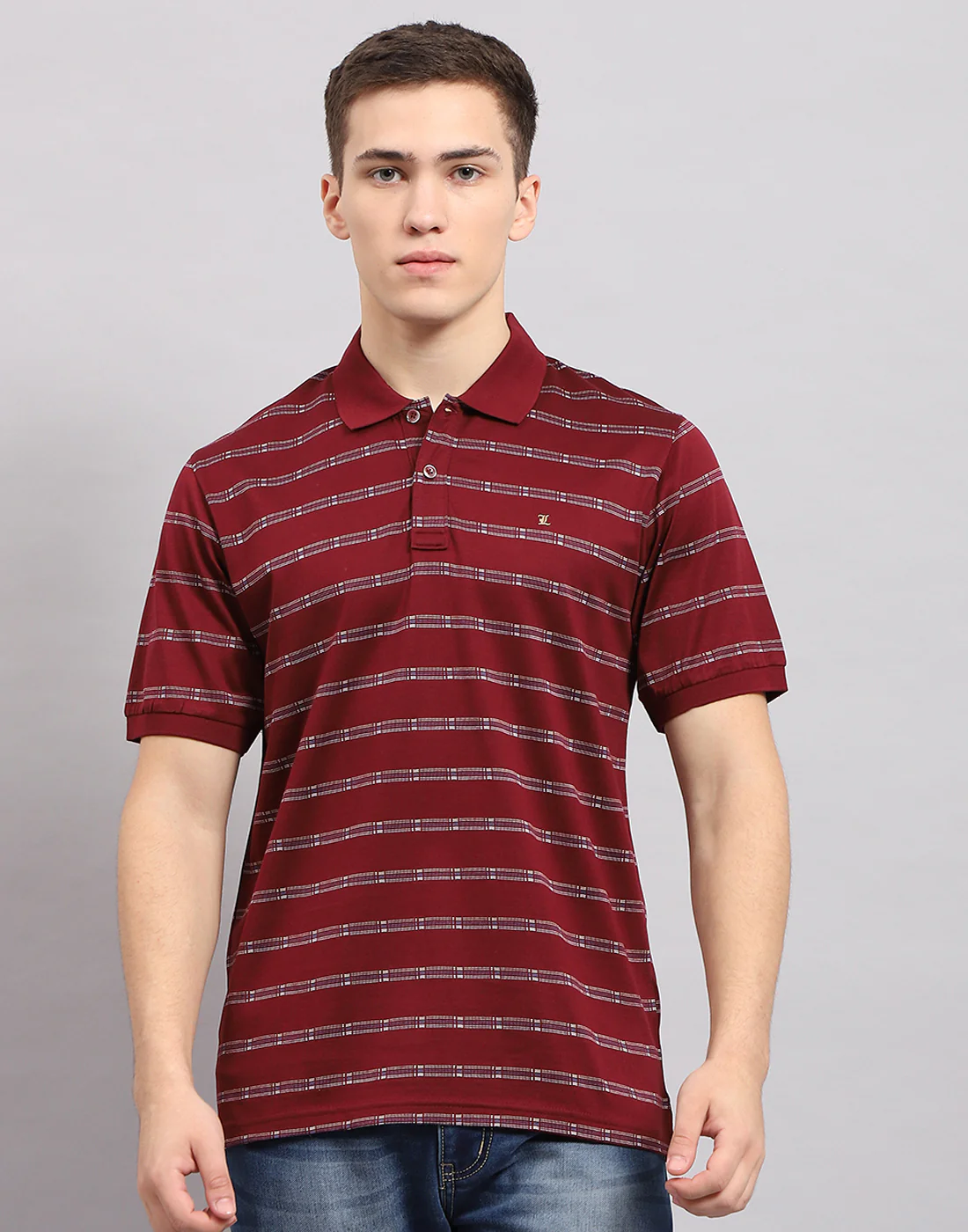 Men Maroon Stripe Polo Collar Half Sleeve T-Shirt - Image 2