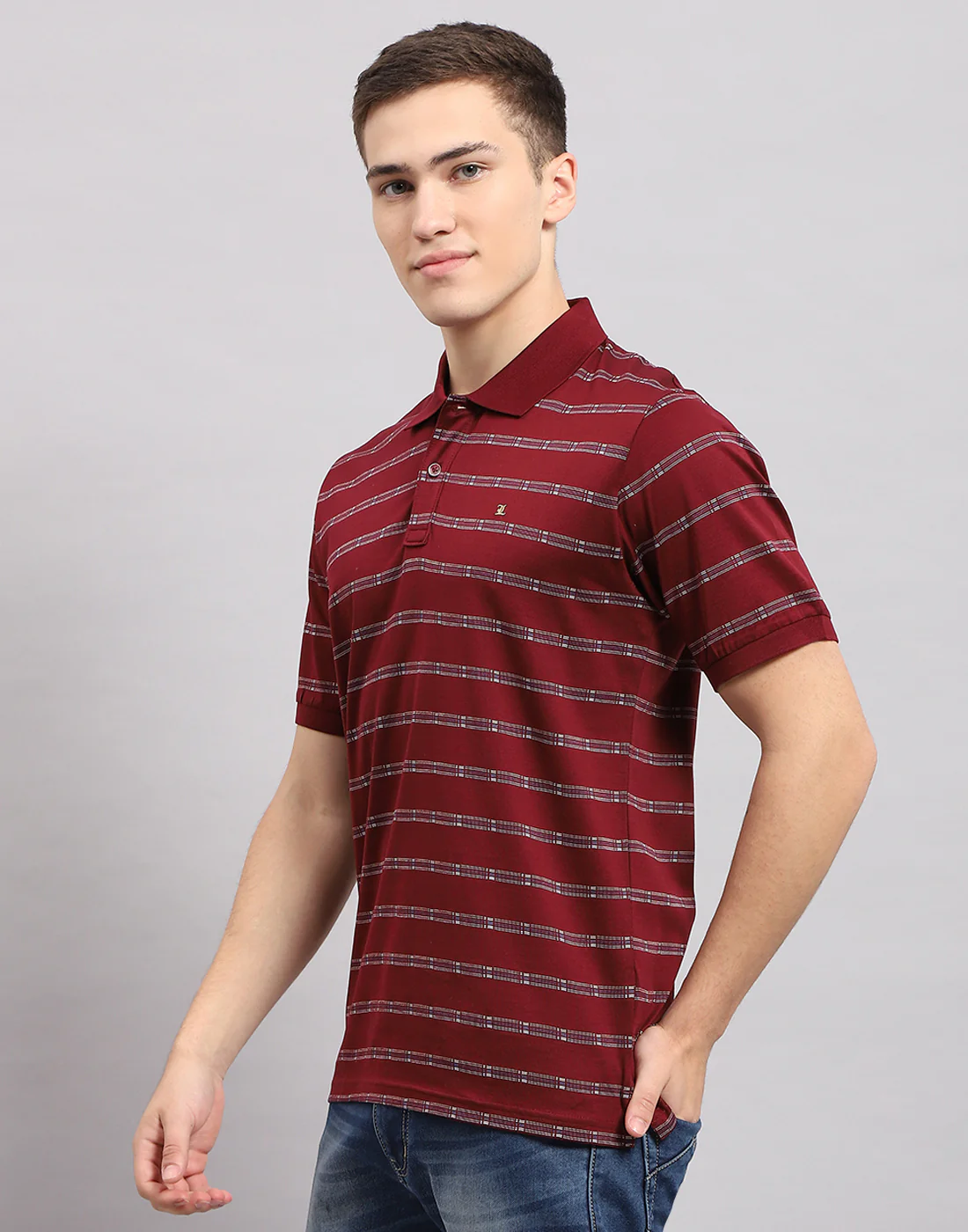 Men Maroon Stripe Polo Collar Half Sleeve T-Shirt - Image 3