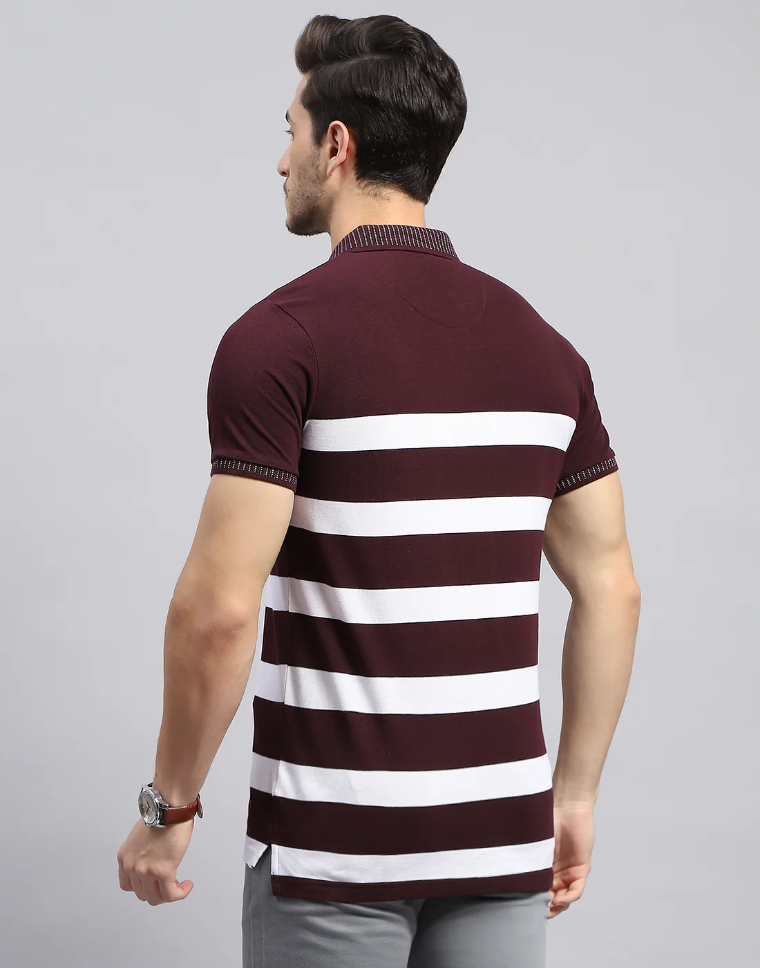 Men Maroon Stripe Polo Collar Half Sleeve T-Shirt - Image 6
