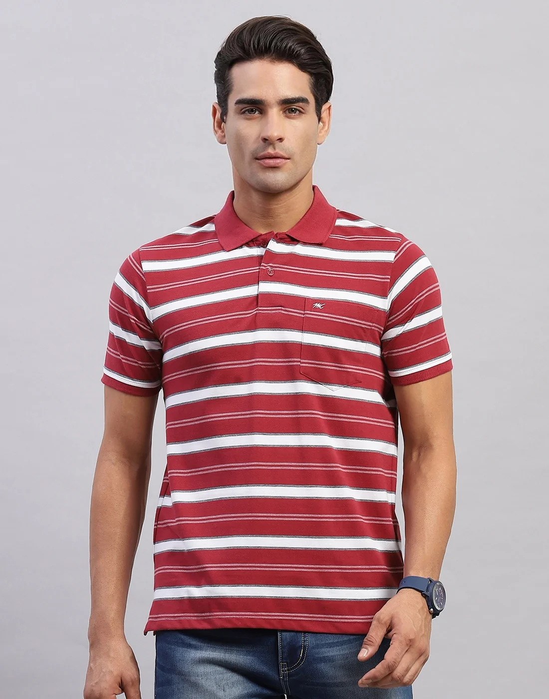 Men Maroon Stripe Polo Collar Half Sleeve T-Shirt - Image 2