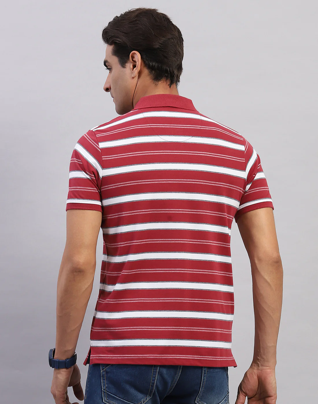 Men Maroon Stripe Polo Collar Half Sleeve T-Shirt - Image 5
