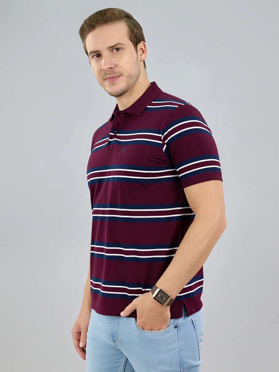 Men Maroon Stripe Polo Collar Half Sleeve T-Shirt - Image 2