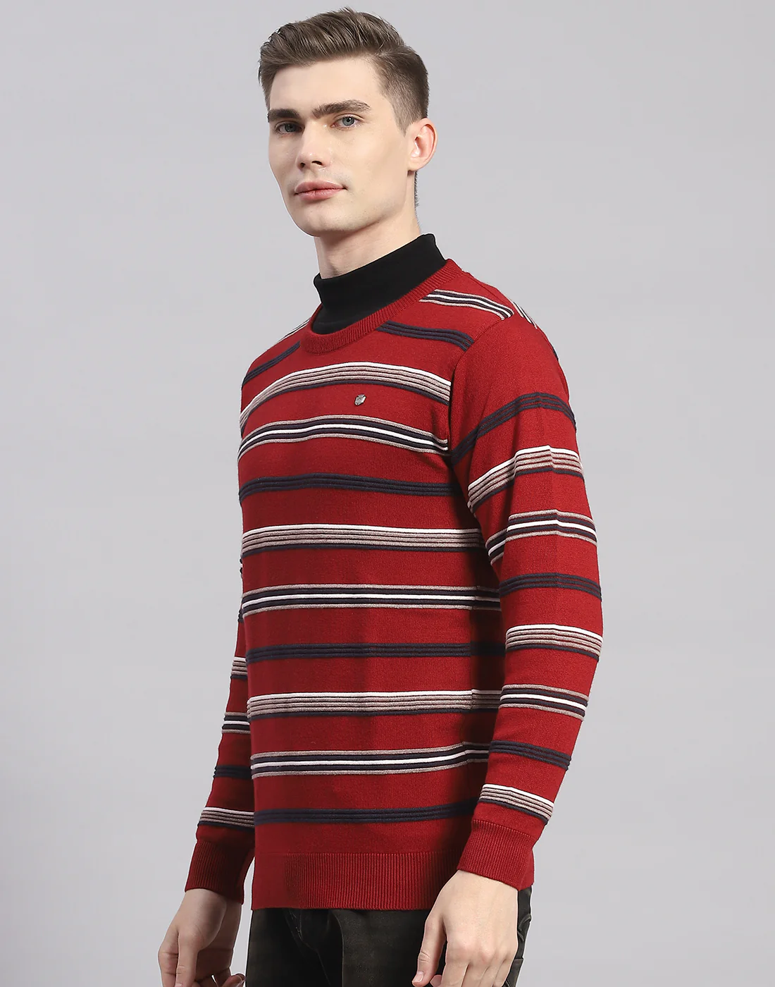 Men Maroon Stripe Round Neck Full Sleeve Pullover - Image 3