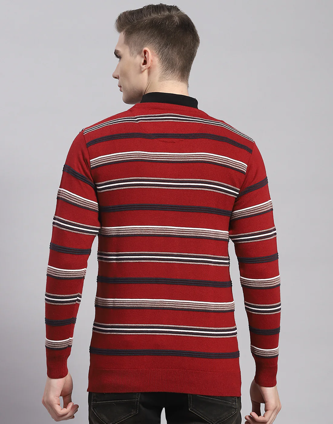 Men Maroon Stripe Round Neck Full Sleeve Pullover - Image 5