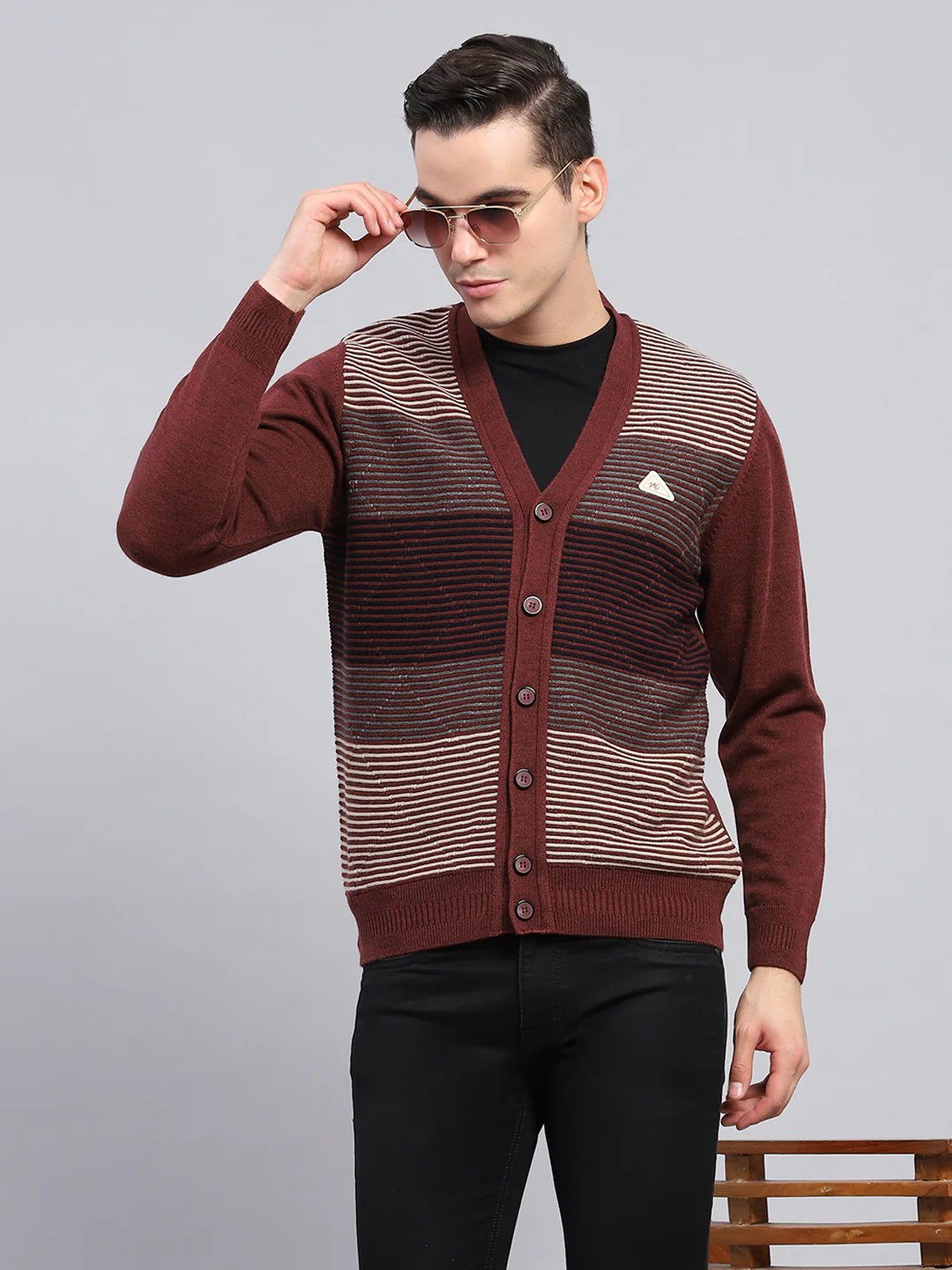 Men Maroon Stripe V Neck Full Sleeve Cardigan - Image 6