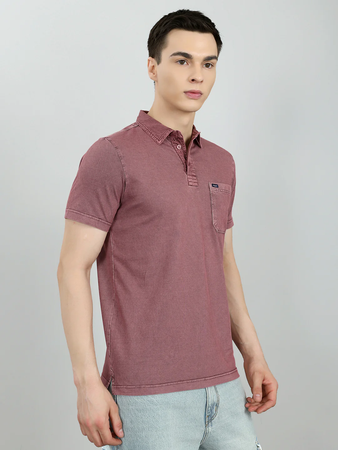 Men Mauve Solid Collar Half Sleeve T-Shirt - Image 3