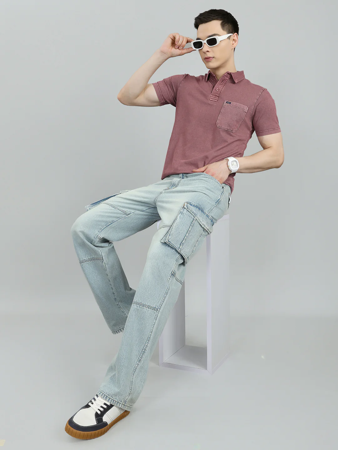 Men Mauve Solid Collar Half Sleeve T-Shirt - Image 6