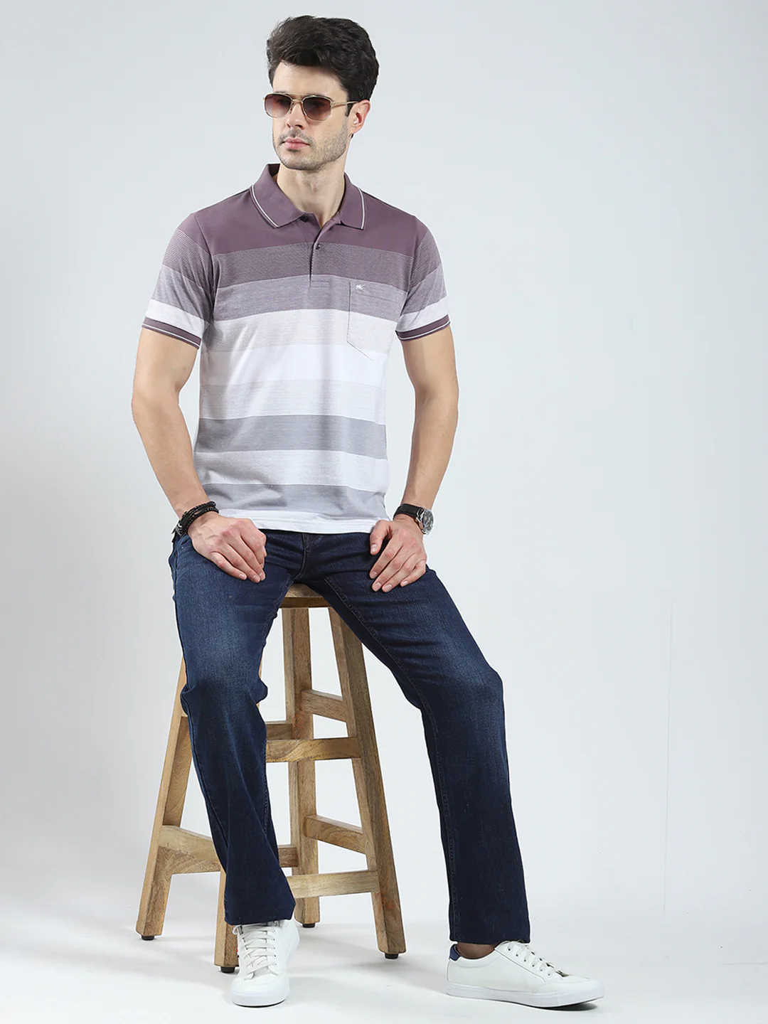Men Mauve Stripe Collar Half Sleeve T-Shirt - Image 2