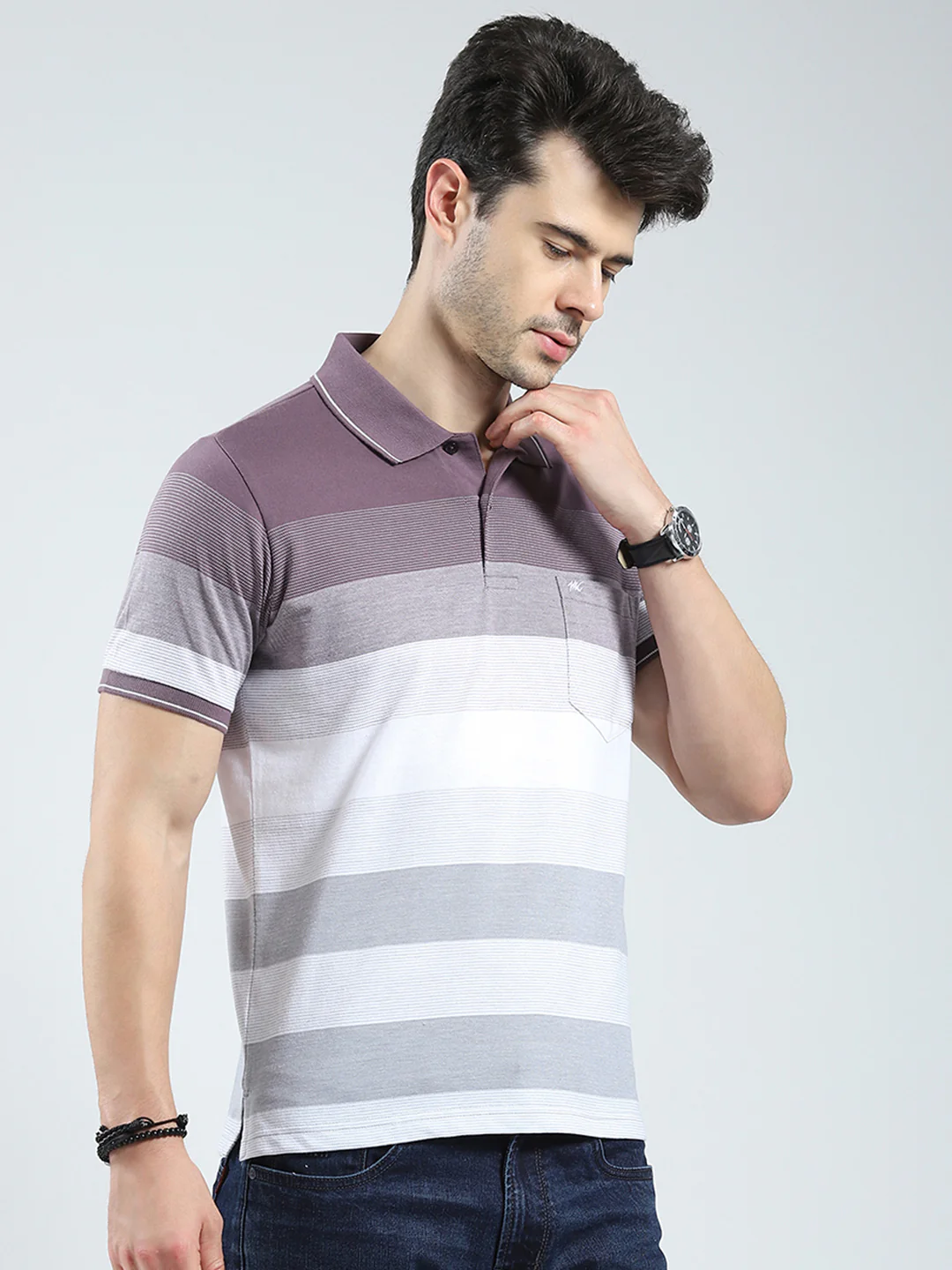 Men Mauve Stripe Collar Half Sleeve T-Shirt - Image 4