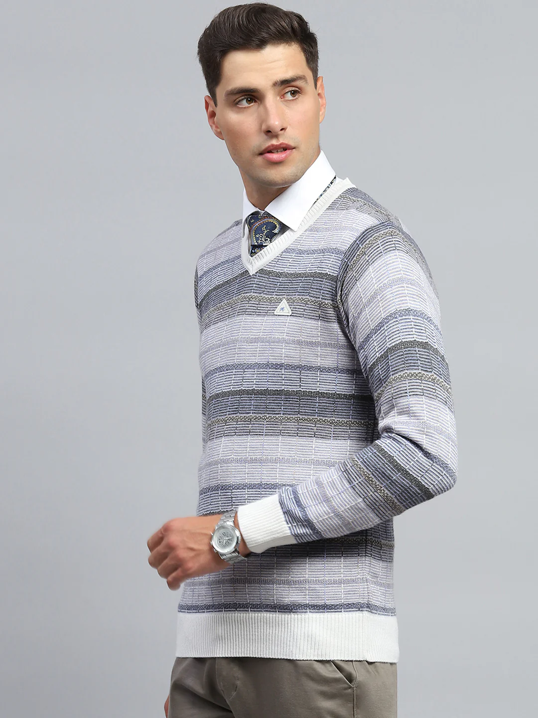 Men Multicolor Check V Neck Full Sleeve Pullover - Image 3