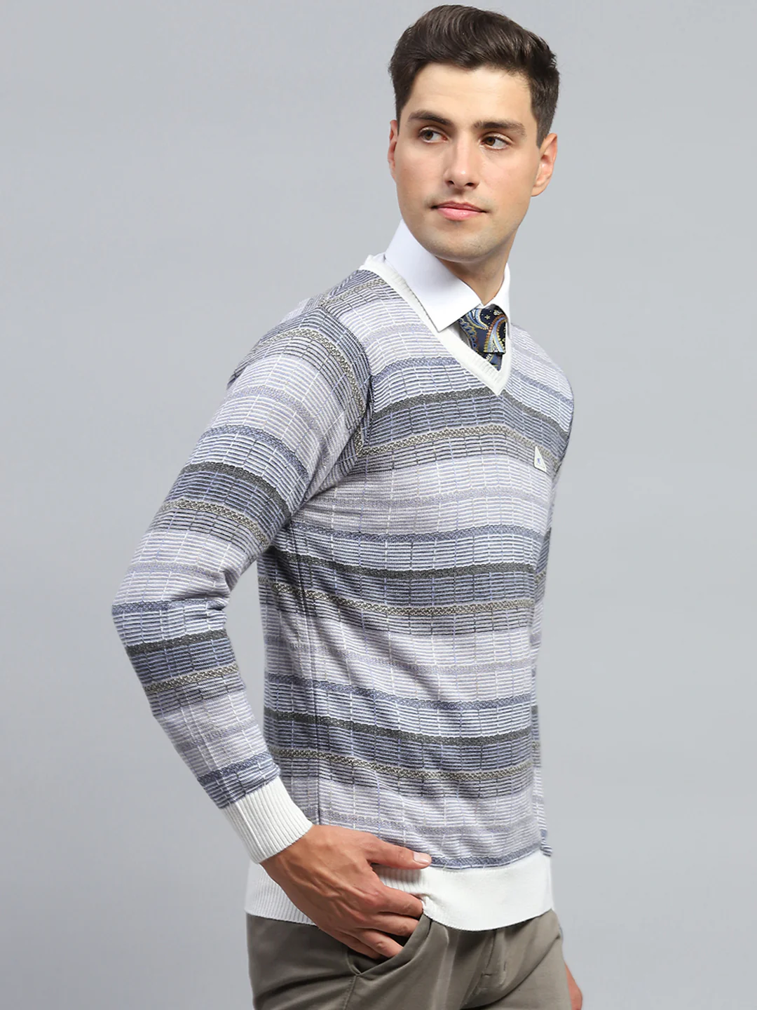 Men Multicolor Check V Neck Full Sleeve Pullover - Image 4