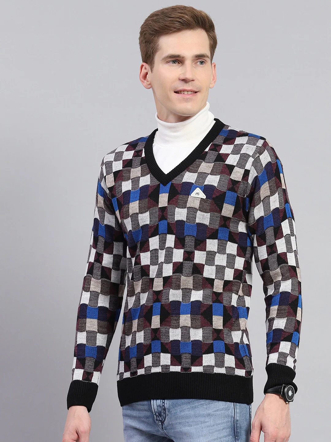 Men Multicolor Check V Neck Full Sleeve Pullover - Image 3