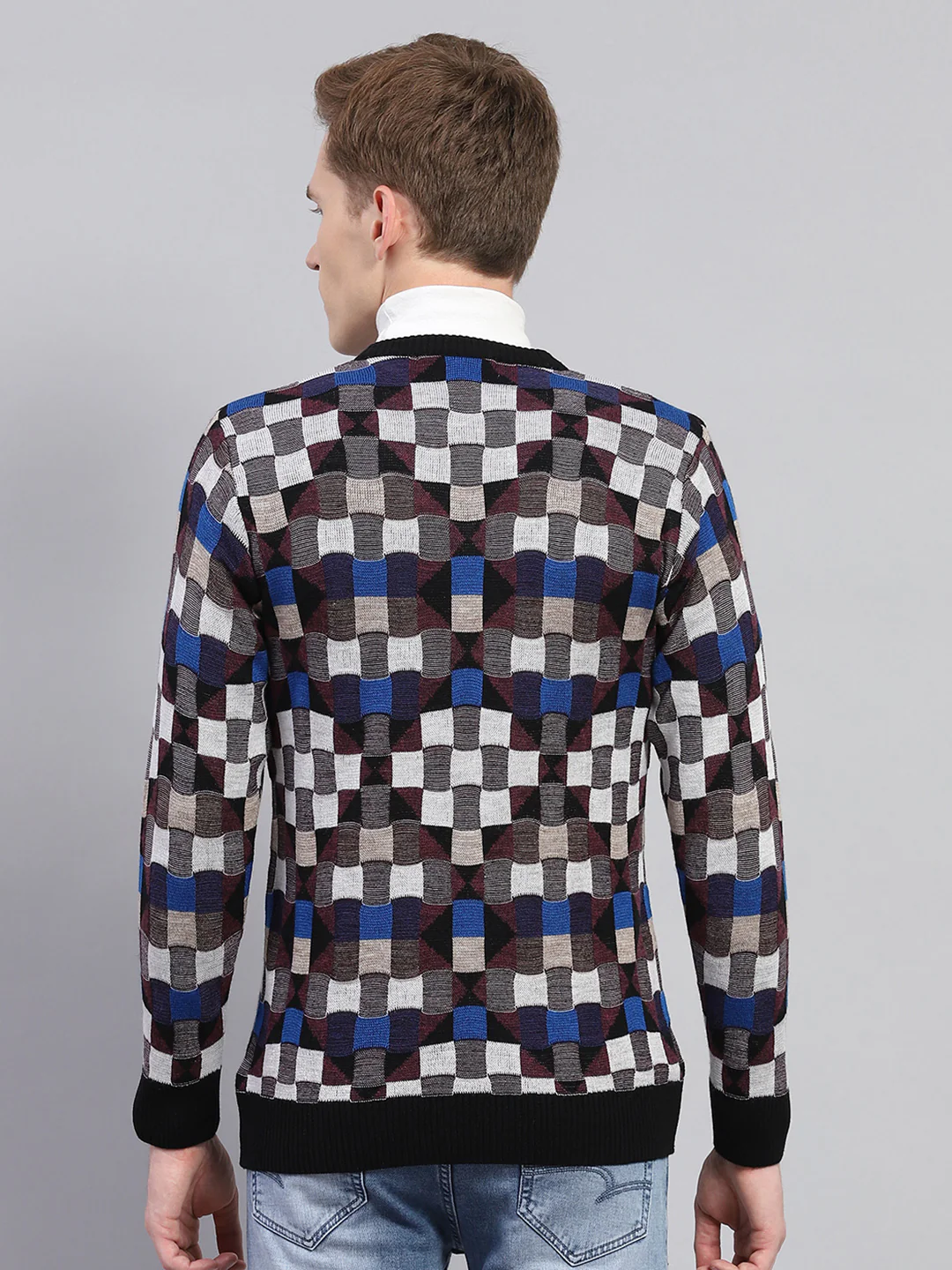 Men Multicolor Check V Neck Full Sleeve Pullover - Image 5