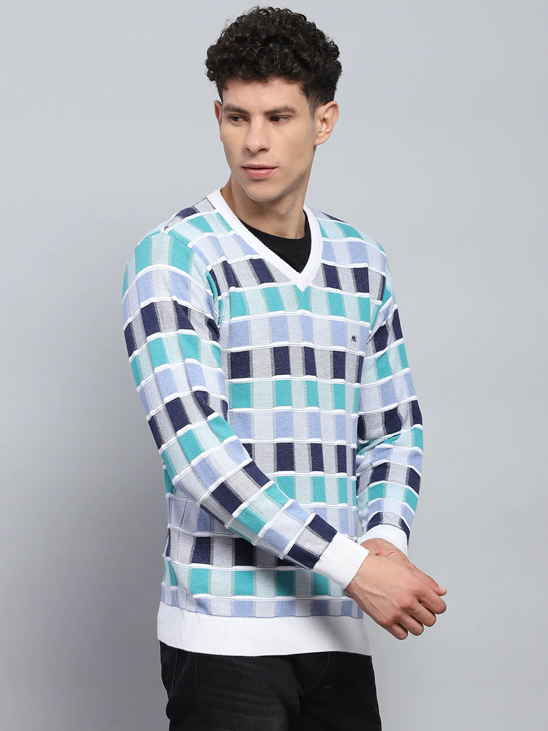Men Multicolor Check V Neck Full Sleeve Pullover - Image 4
