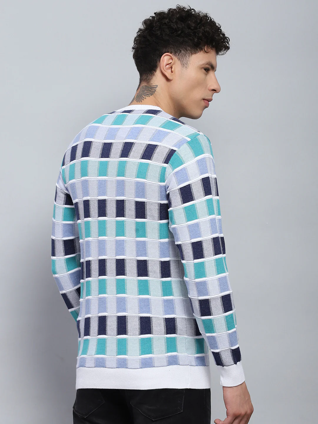 Men Multicolor Check V Neck Full Sleeve Pullover - Image 5