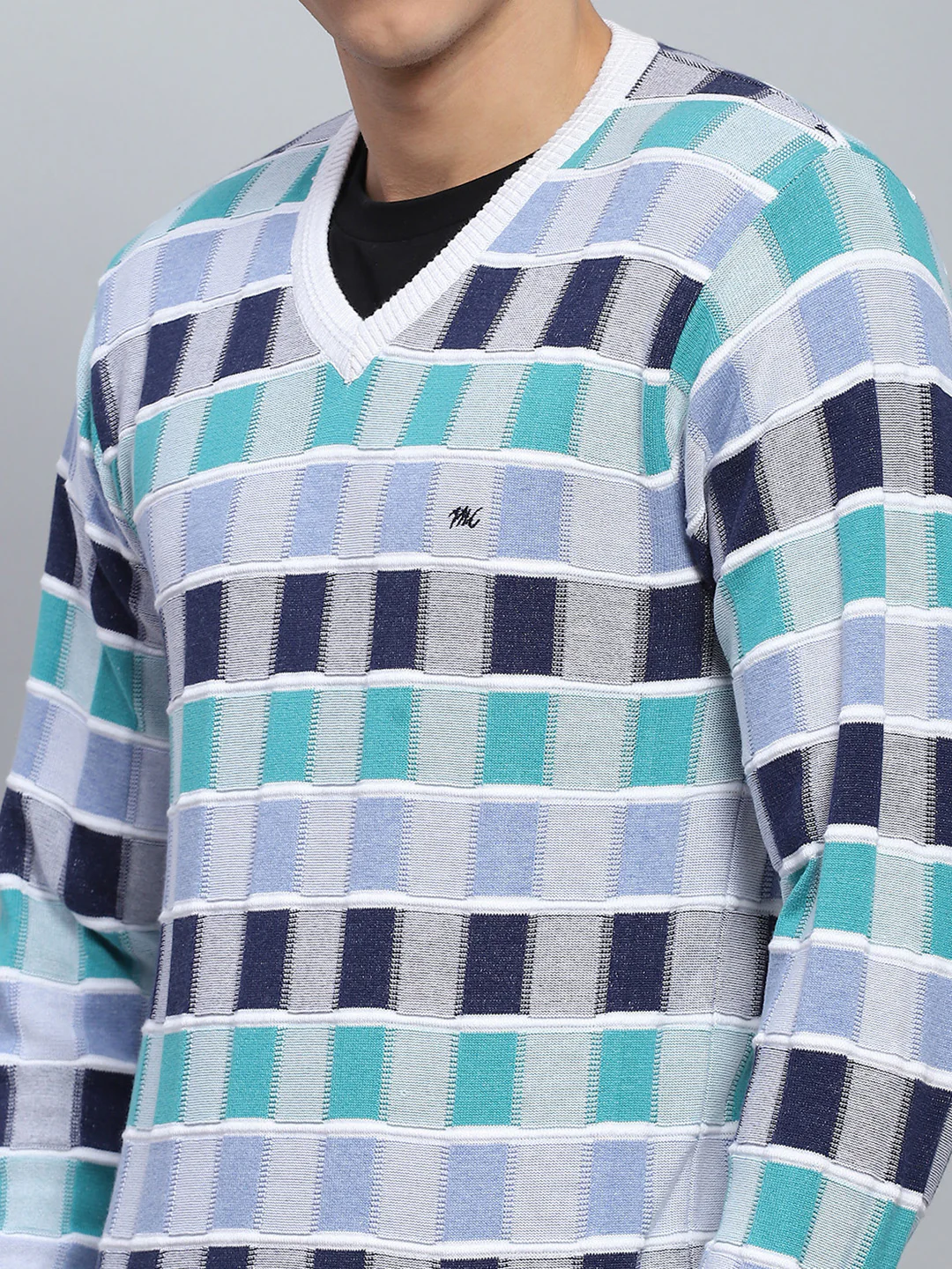 Men Multicolor Check V Neck Full Sleeve Pullover - Image 6